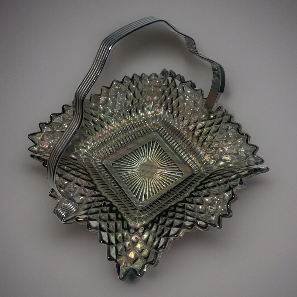 VINTAGE Indiana Glass‎ Candy Dish Square Wrippled Wavy Sides & Metal Handle